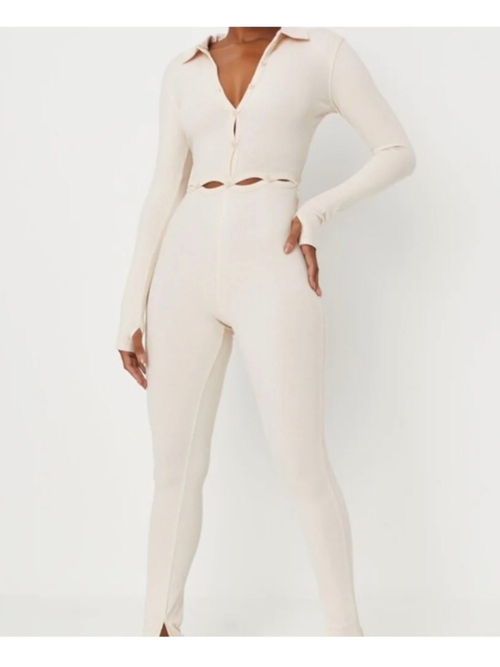 Missguided + Cream Collared Ribbed Cutout Jumpsuit
